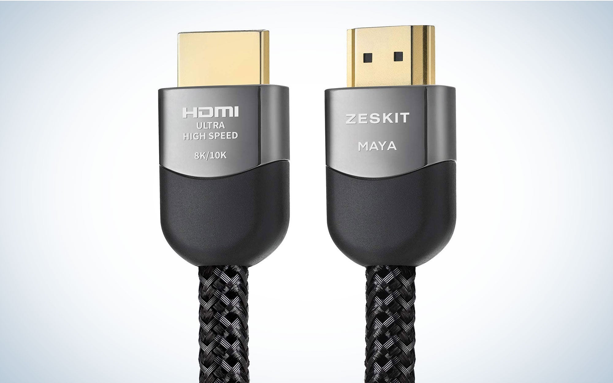 Zeskit Maya makes an 8K HDMI 2.1 cable with grey connectors and a black braided cable.