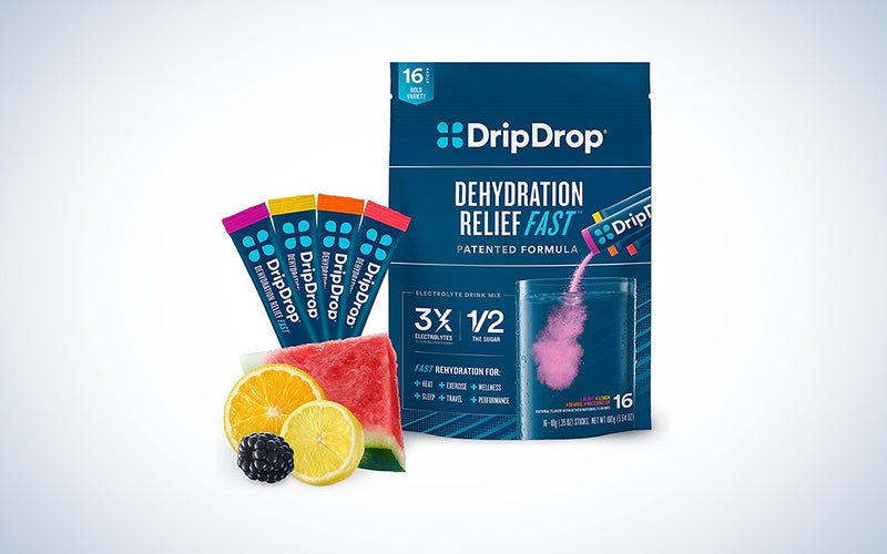 A package of DripDrop hydration packets on a blue and white background.