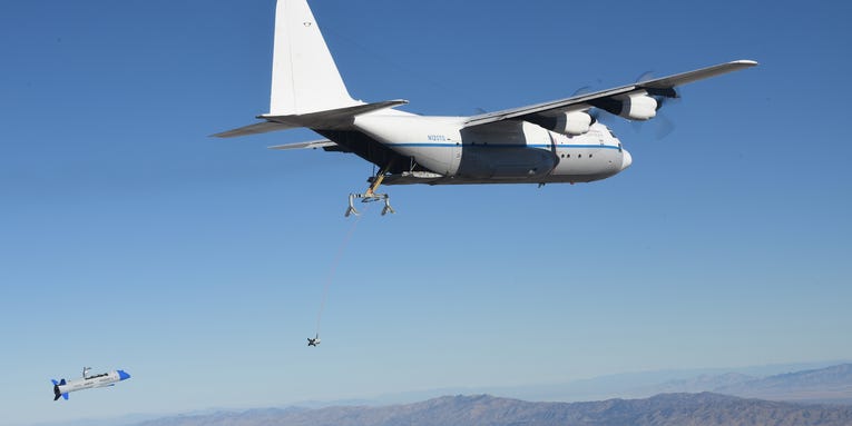 Watch a C-130 cargo plane grab a drone out of the sky