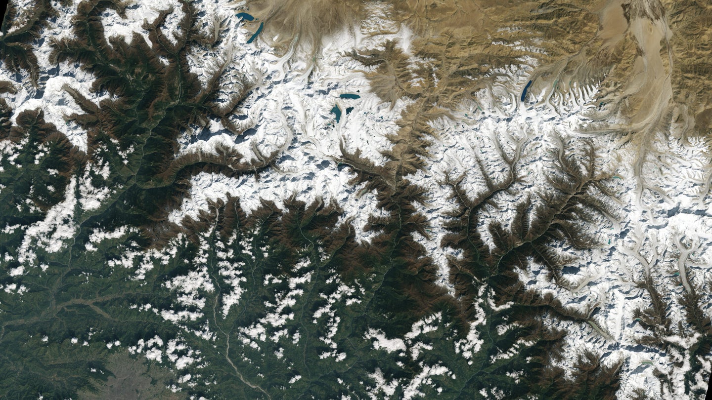 Ice-capped mountains in Kathmandu, Nepal, seen from a Landsat satellite