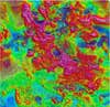 Magnetic field map of minerals in pink, blue, green, and yellow