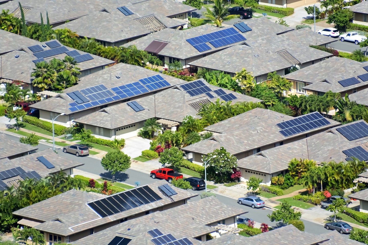 Rooftop solar panels in Koko Head, Oahu, Hawaii.