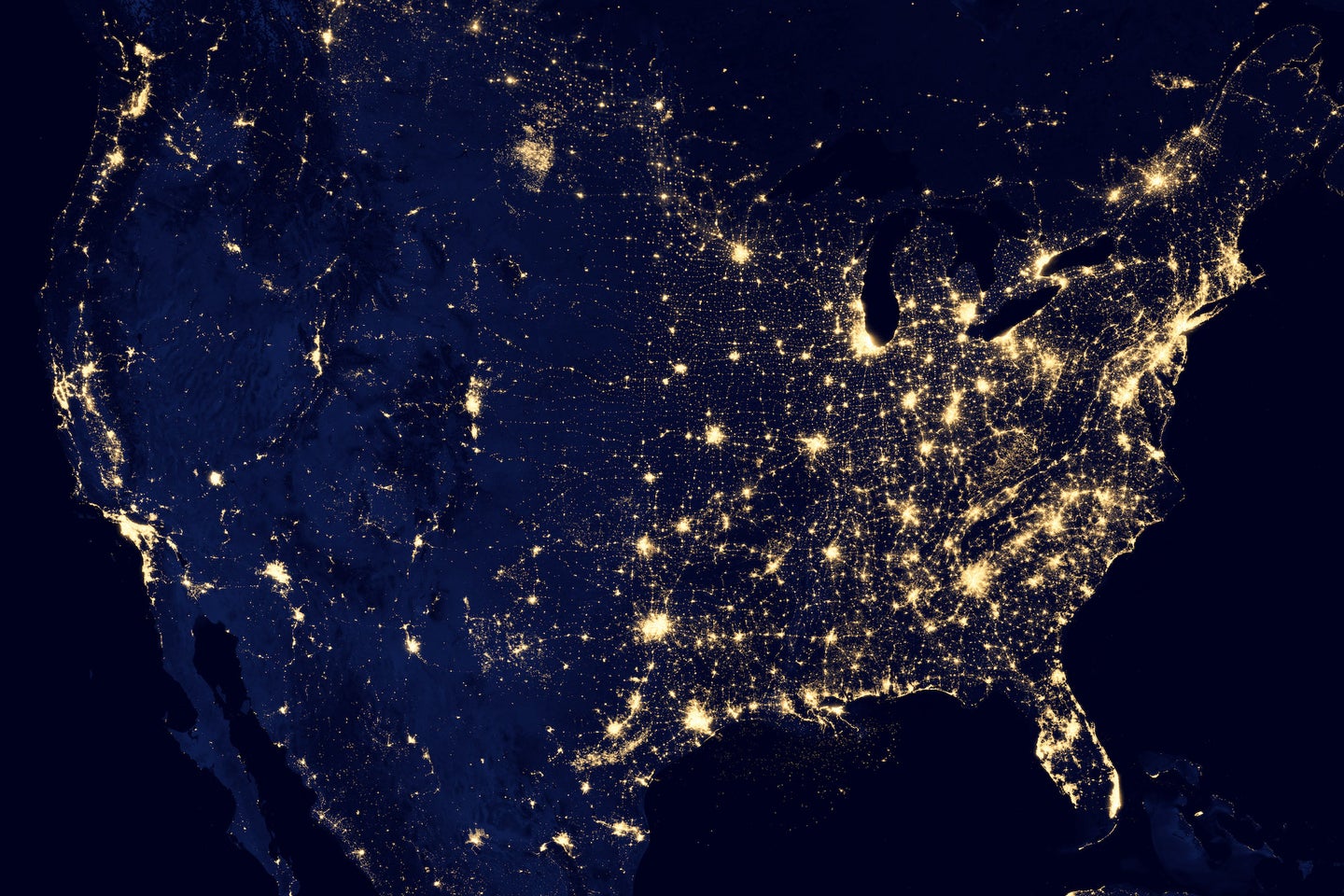 The continental US at night, based on satellite data from April and October, 2012.