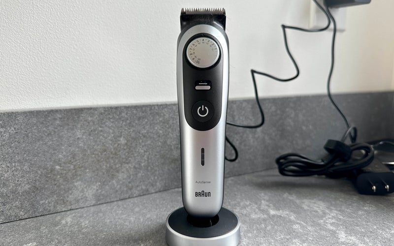 Braun All-in-One Style Kit Series 9 9440 beard trimmer on a bathroom countertop