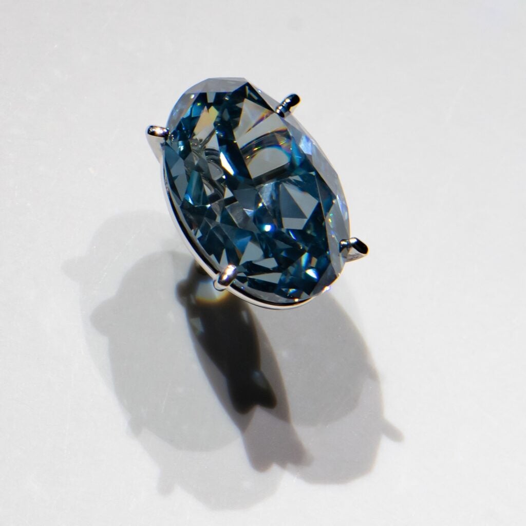 Okavango Blue Diamond mounted in the American Museum of Natural History Halls of Gems and Minerals