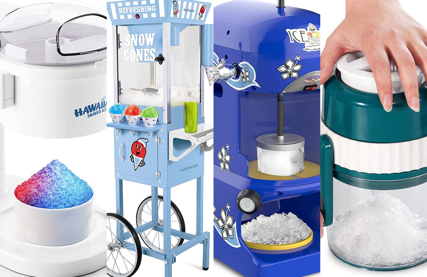 A lineup of snow-cone makers on a white background