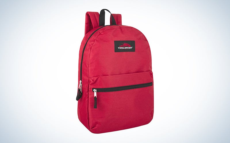 A red budget backpack on a white and blue gradient background
