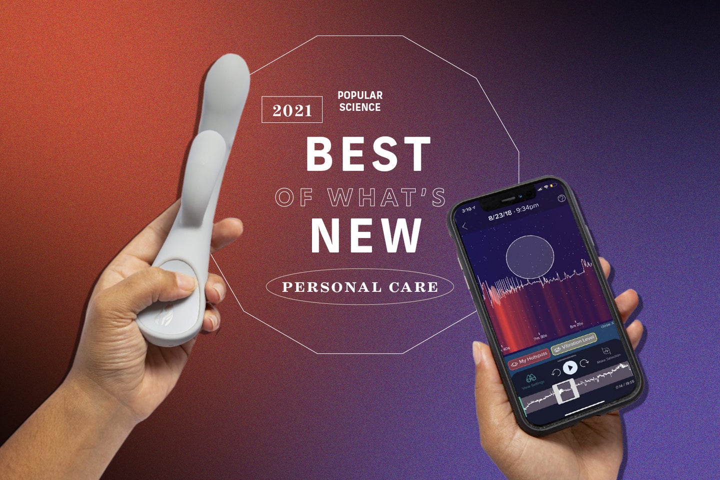 a hand holding a vibrator and a phone over the text "Best of what's new"