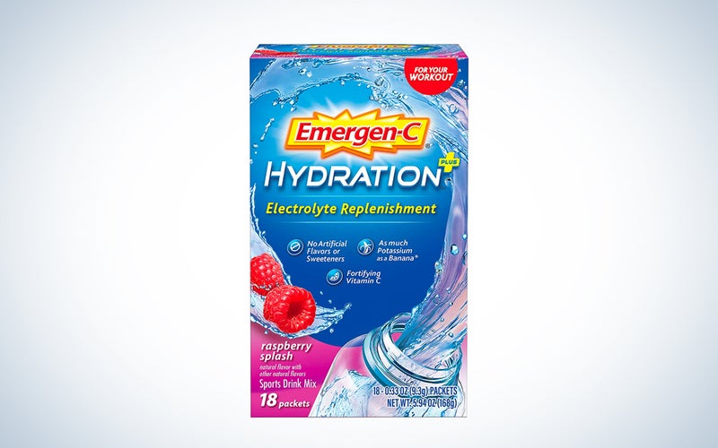 A pack of Emergen-C with electrolytes on a blue and white background