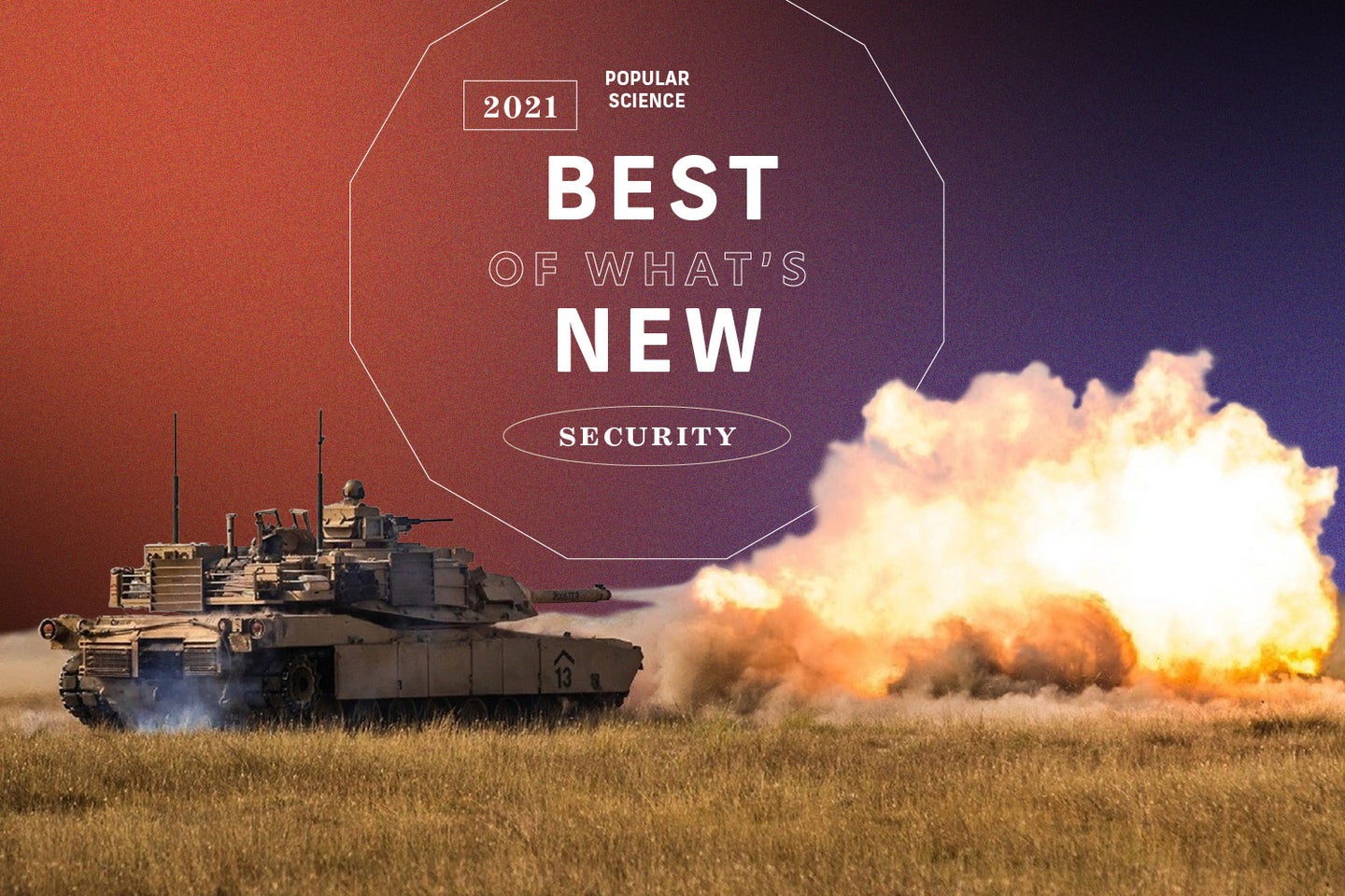 U.S. Army tank firing artillery in a grassy field in Afghanistan with PopSci Best of What's New 2021 logo stamped over a red, black, and purple background