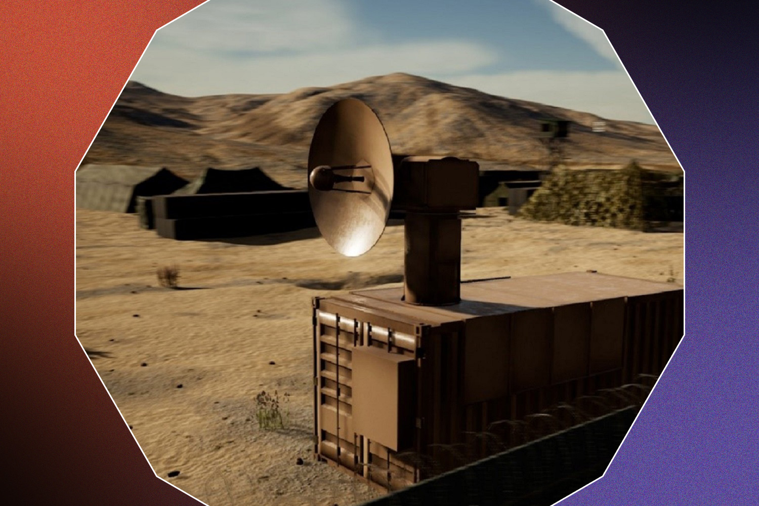 THOR anti-drone defense system microwave dish in the New Mexico desert on a red, black, and purple background
