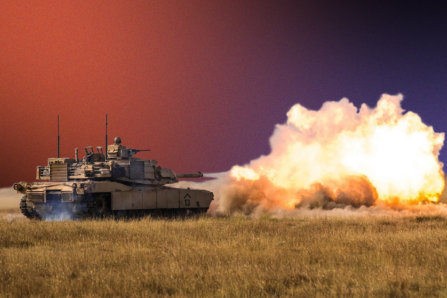U.S. Army tank firing artillery over a field in Afghanistan on a red, black, and purple background