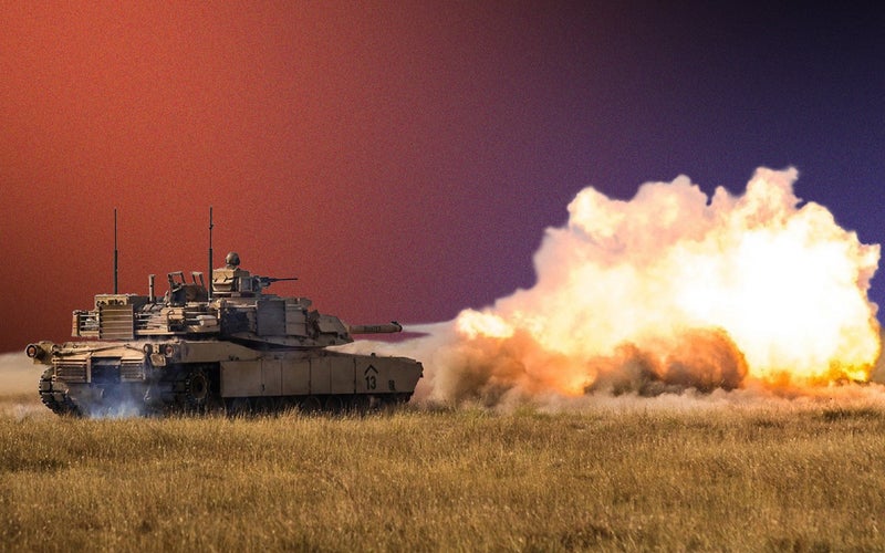 U.S. Army tank firing artillery over a field in Afghanistan on a red, black, and purple background