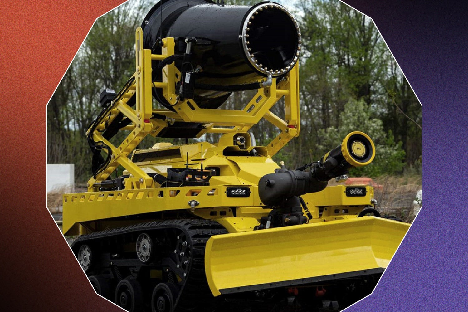 Yellow Thermite RS3 firefighting vehicle on a red, black and purple background
