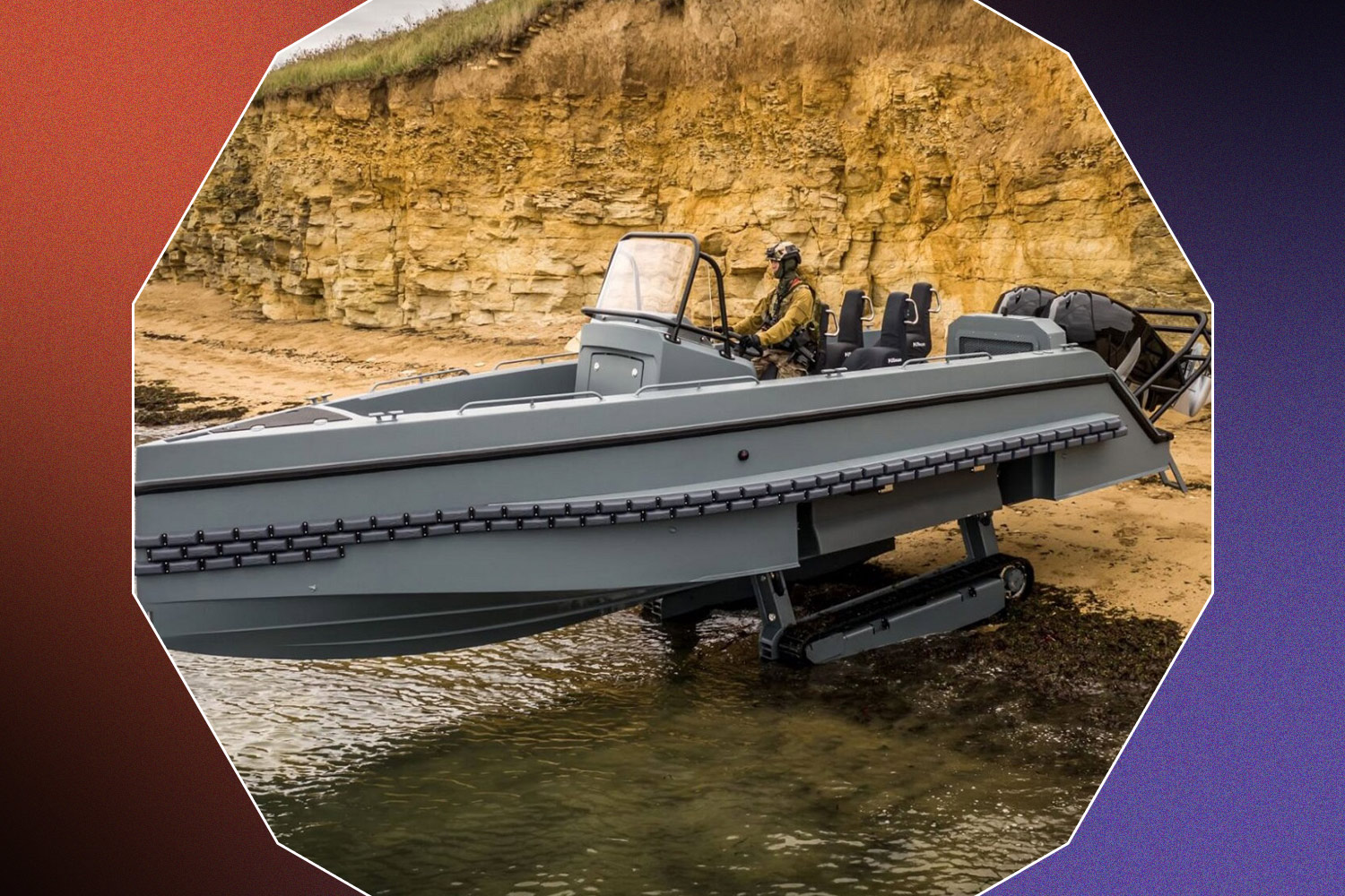 IG-PRO31 amphibious boat with treads out on a rocky shoreline on a black, red, and purple background