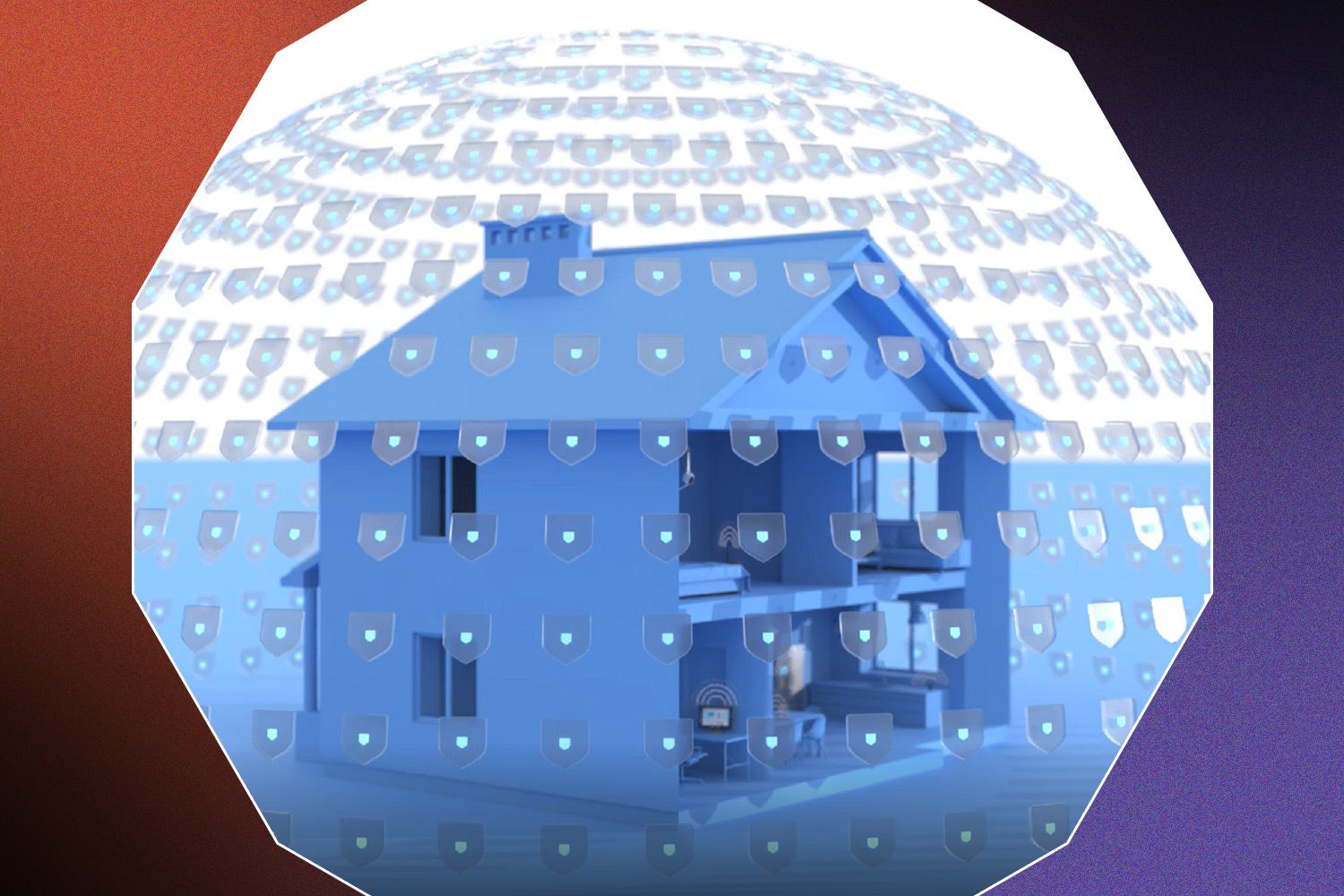 مدل خانه آبی با سیگنال‌های Wi-Fi در اطراف آن برای NETGEAR Amore که توسط Bitdefender در پس‌زمینه قرمز، مشکی و بنفش طراحی شده است.