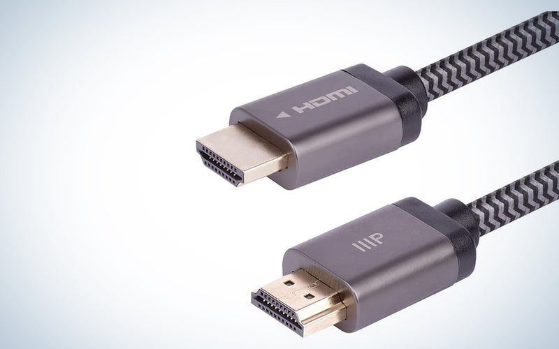 A Monoprice 8K HDMI 2.1 cable with gray cable and connectors