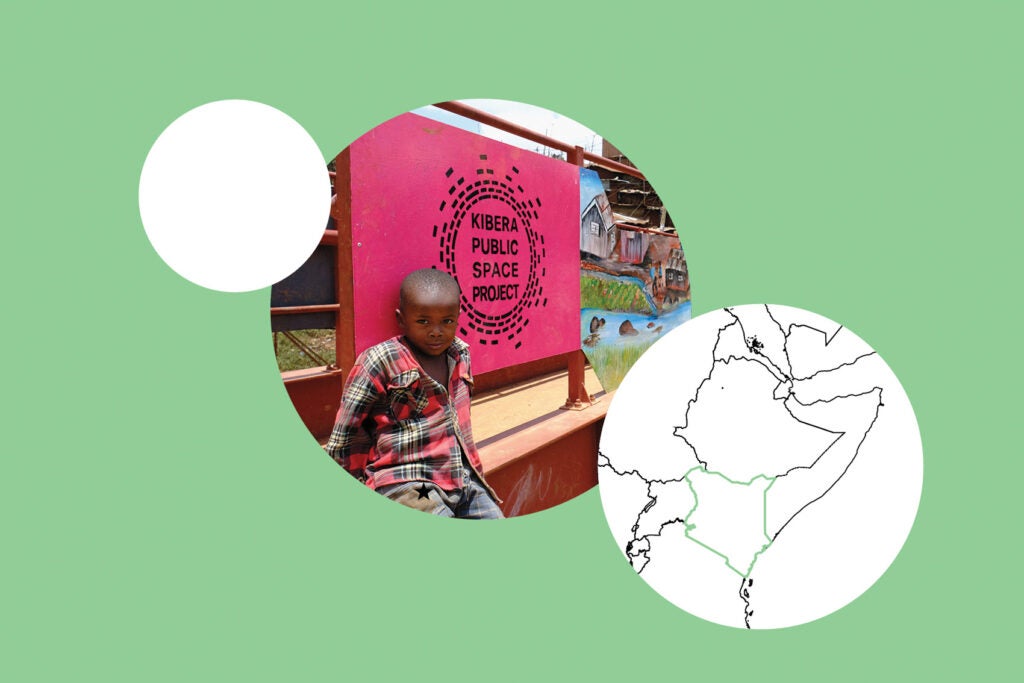 Kid in a plaid shirt sitting in from of a red Kiberia Public Space Project in Kiberia, Kenya, next to map on mint green background