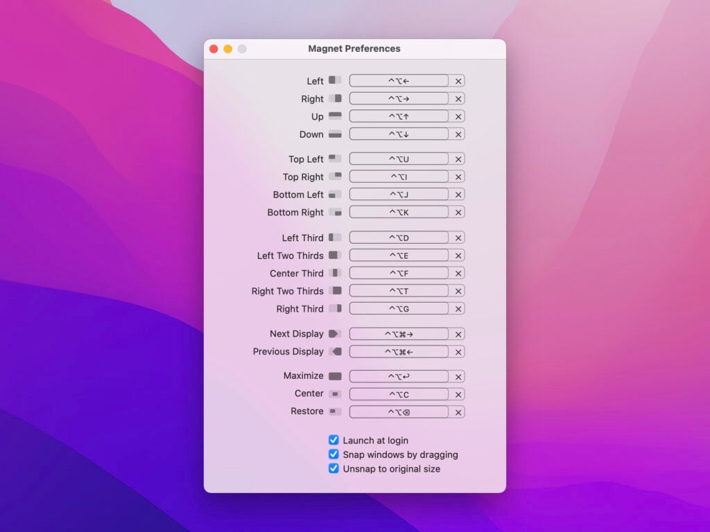 The options for using Magnet on macOS to organize your open program windows and snap them to different parts of the screen.