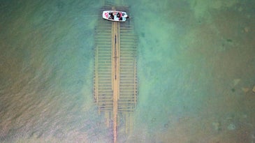 Slats of an old shipwreck in Lake Michigan seen from the air