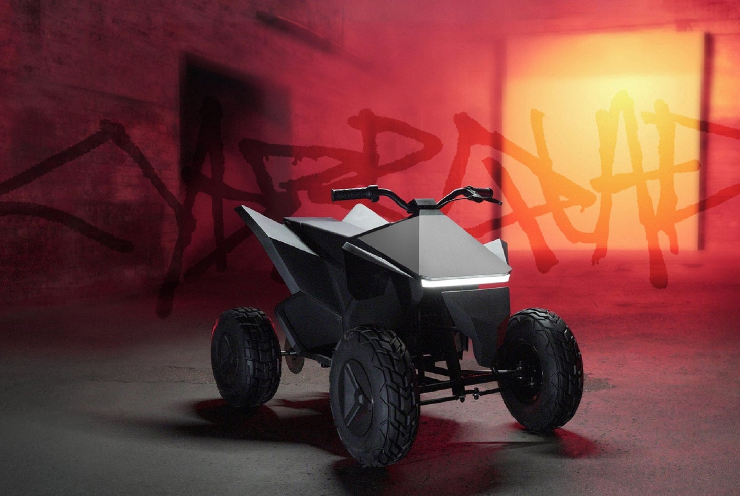 Tesla Cyberquad for Kids made with Radio Flyer on a red graffiti background