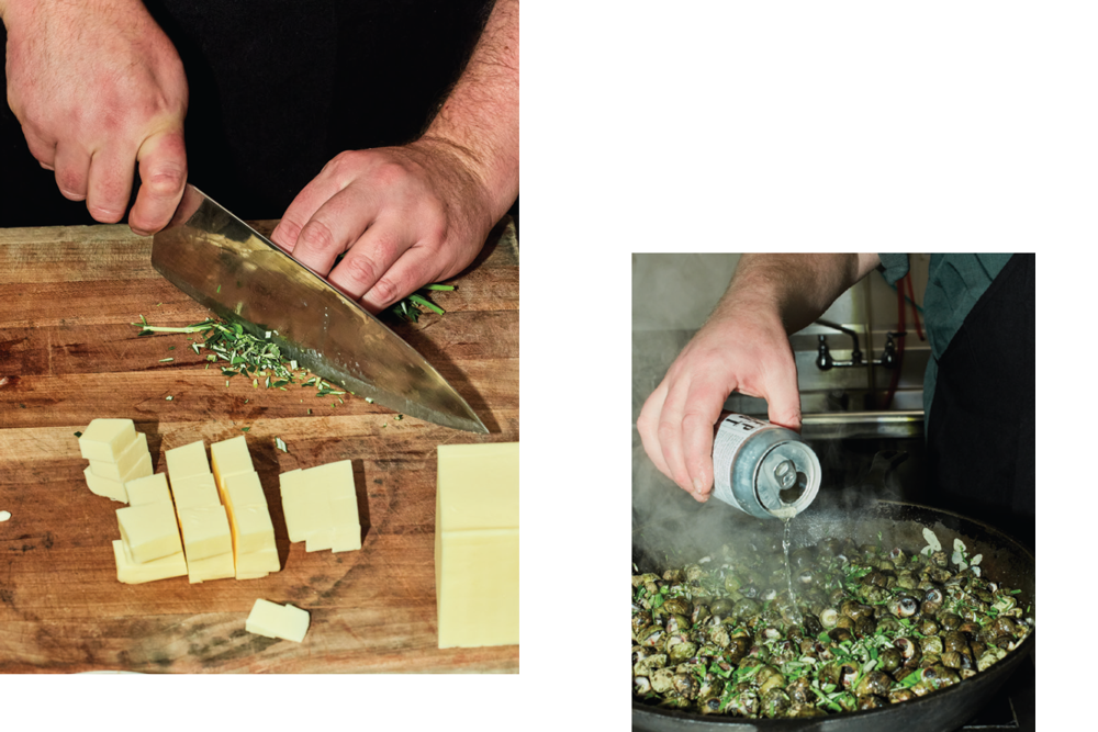 Chef Doug Paine slicing butter and parsley on a table; Chef Doug Paine pouring a can of cider over a steaming saucepan of periwinkles
