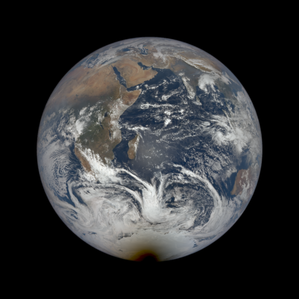 Pianeta Terra con un'ombra nera rotonda che striscia sul suo polo sud 