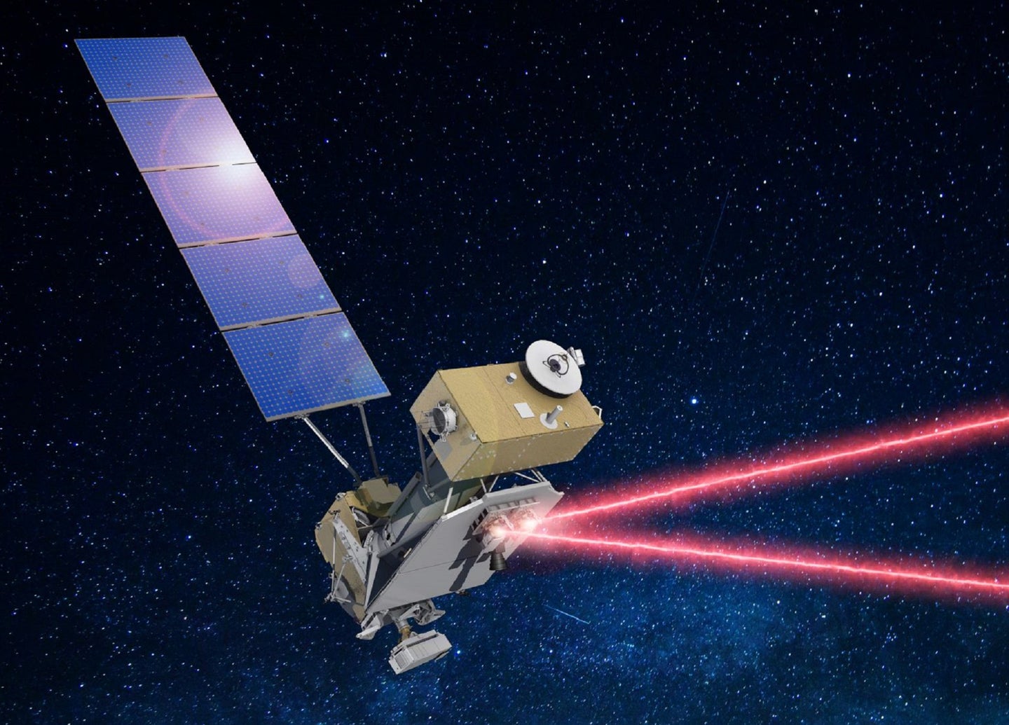 LCRD spacecraft shooting out red lasers in an artist's rendition