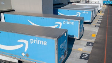Amazon warehouse in Idaho with blue Prime trucks
