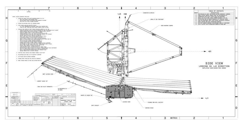 James Webb Space Telescope blueprints from side view with Latin annotations