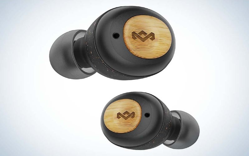 Two earbuds by House of Marley made from bamboo and recycled materials.