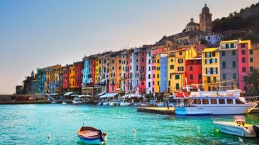 Cinque Terre, Italy, landscape with colorful buildings on the cliffs over the seaport
