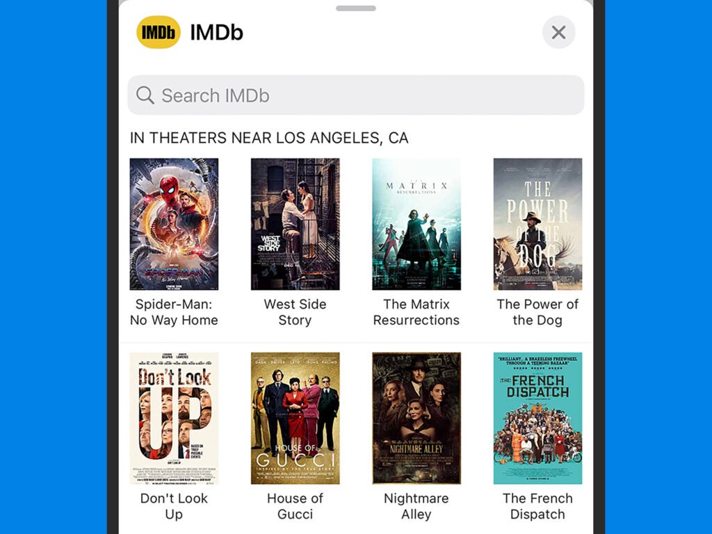 The IMDB extension for iMessage conversations within Messages on iOS.