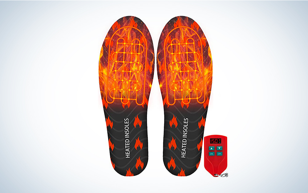 A pair of Riomza Rechargeable Heated Insoles on a blue and white background