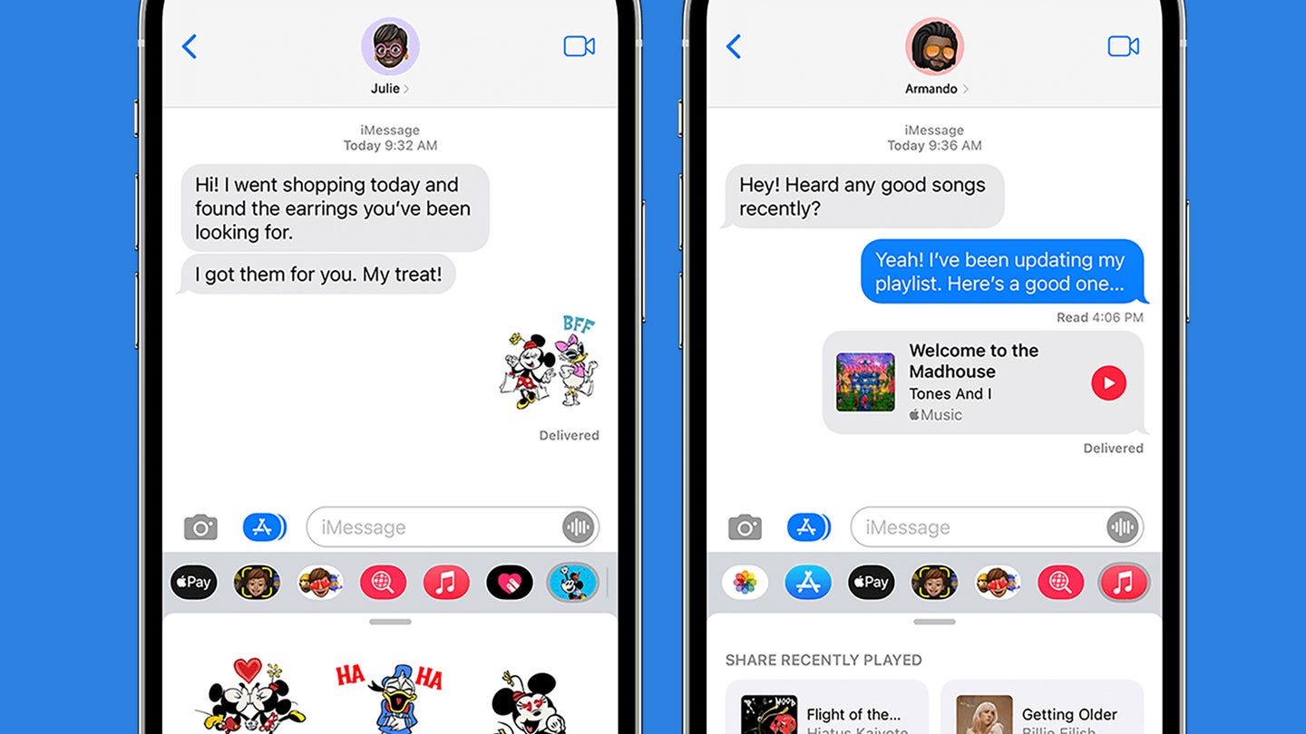 Apple's iMessage messaging system within the iPhone Messages app, showing off some mini apps you can add to your conversations.