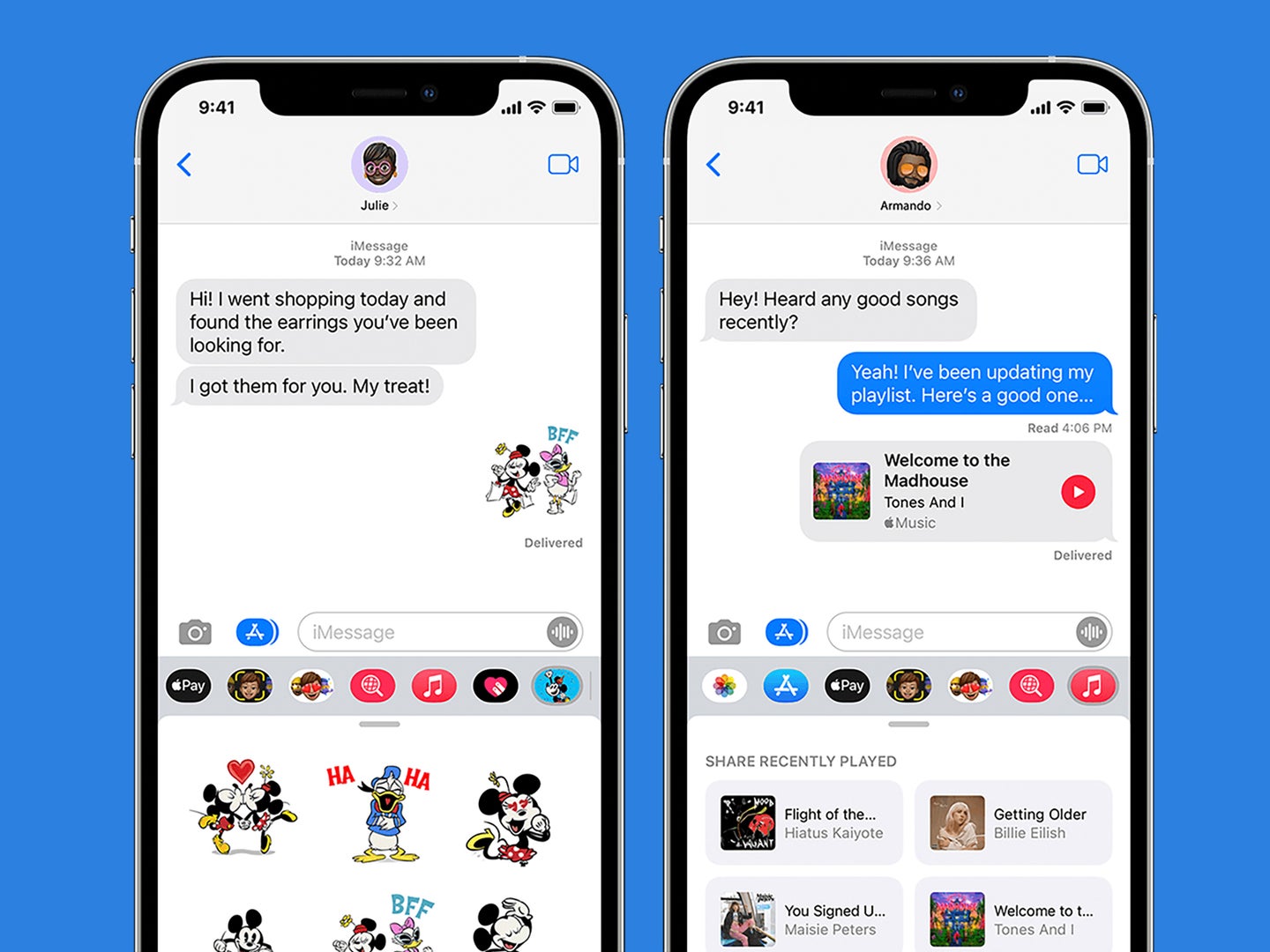 Apple's iMessage messaging system within the iPhone Messages app, showing off some mini apps you can add to your conversations.