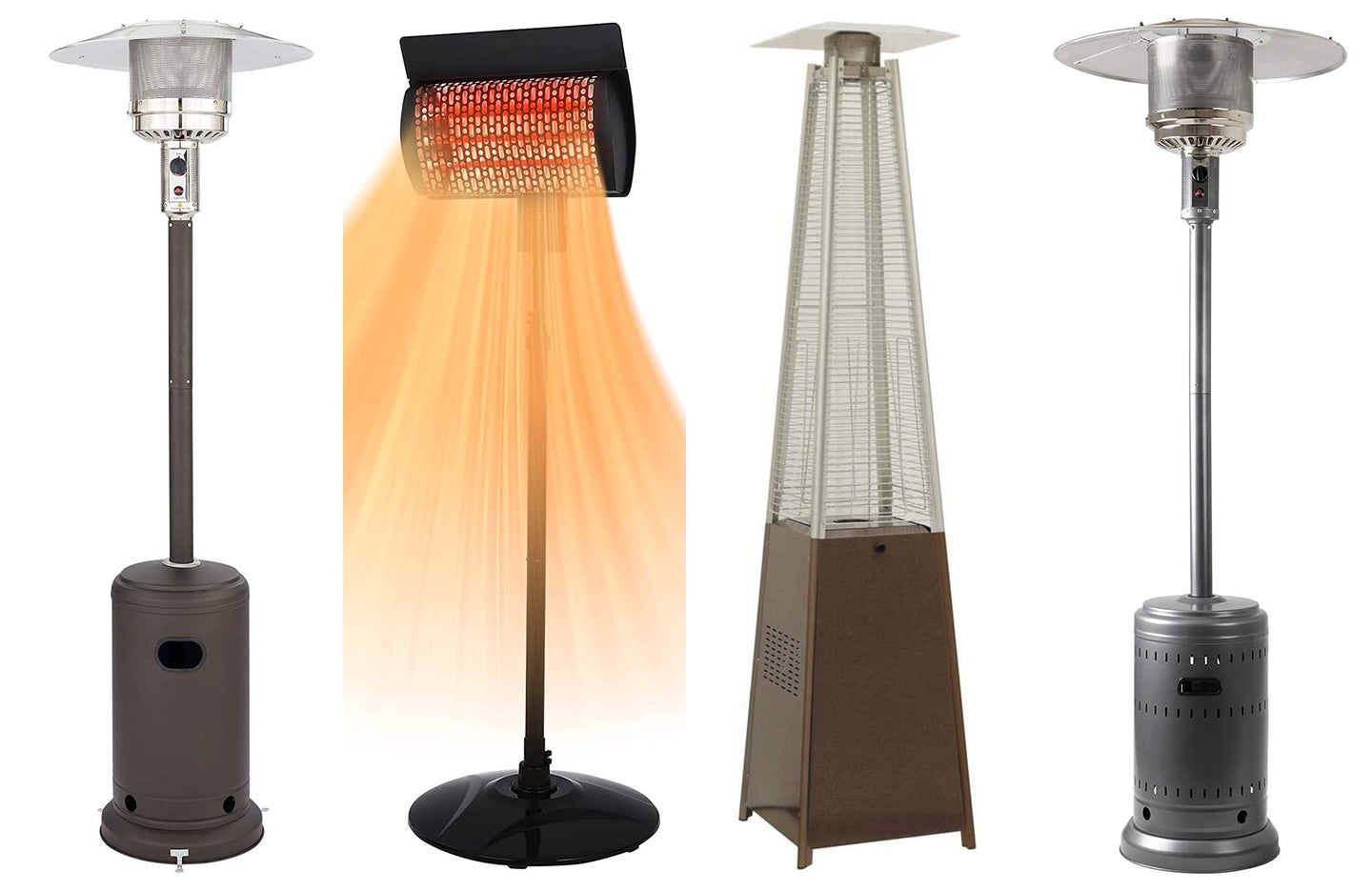 The best patios heaters lined up on a white background