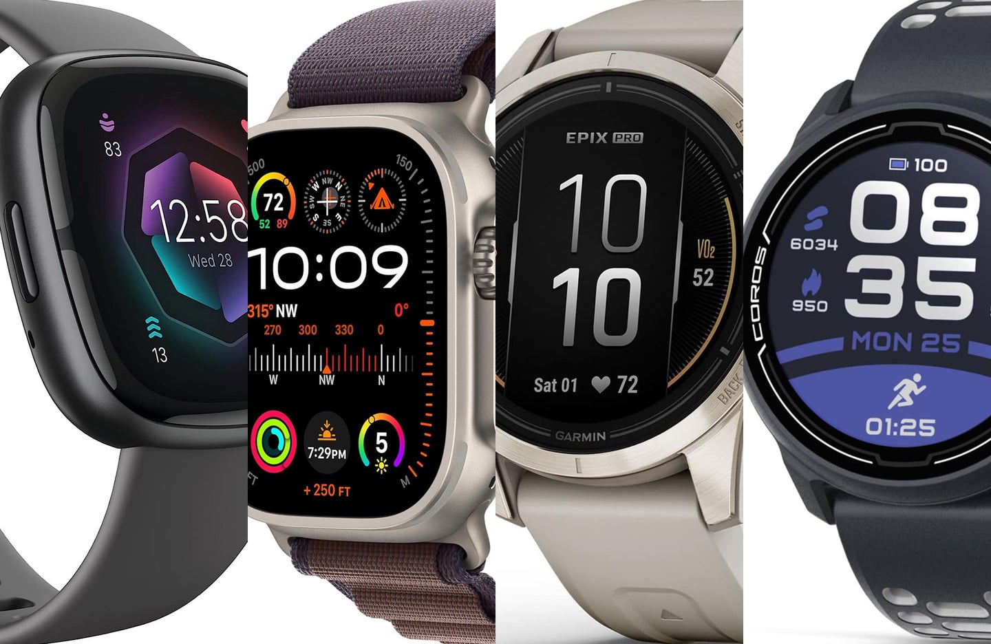 Four of the best fitness watches sliced together against a white background