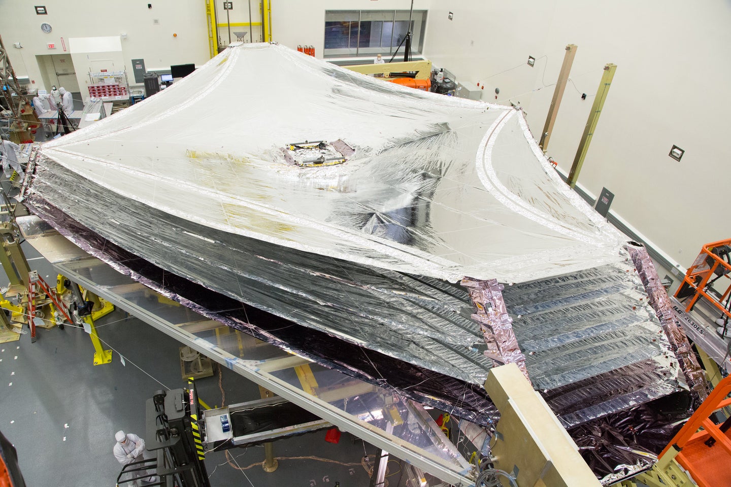 JWST's sunshield in a cleanroom.