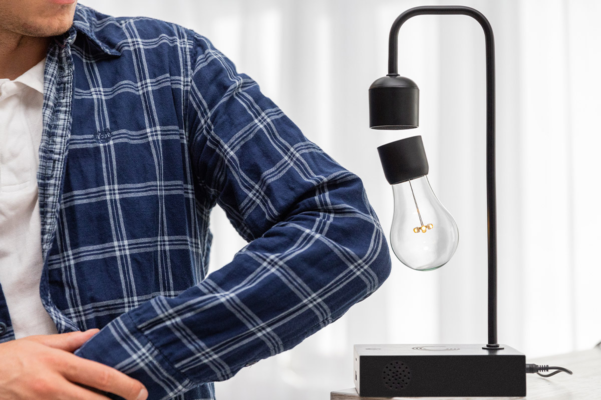 This lamp can levitate thanks to electromagnets.