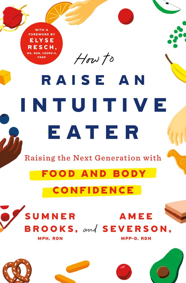 How to Raise an Intuitive Eater book cover with white background, navy text, and fruit and vegetable drawings
