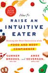 How to Raise an Intuitive Eater book cover with white background, navy text, and fruit and vegetable drawings