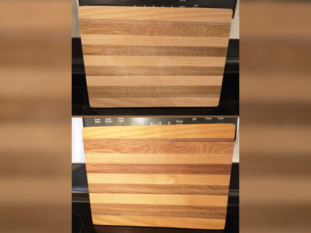 A scratched-up wooden cutting board compared to a newly refinished wooden cutting board.