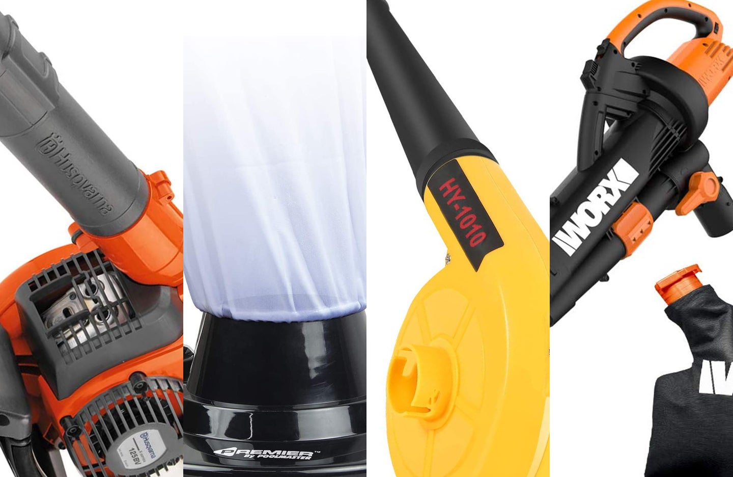 A lineup of the best leaf vacuums on a white background