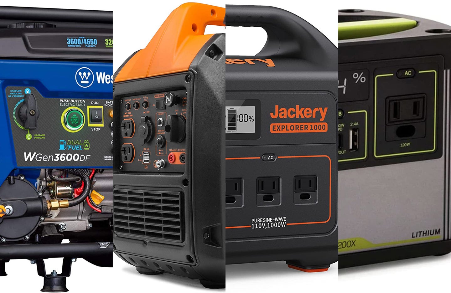 The best electric generators lined up on a white background