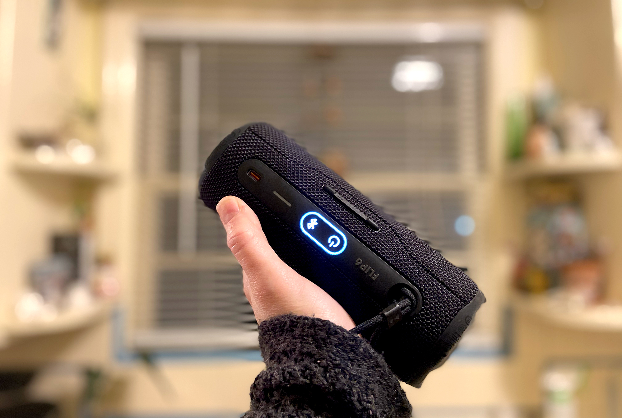 Black JBL Flip 6 Bluetooth party speaker held in the author's hand