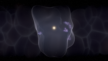 Amorphous blob bubble with purple bright clusters near the edges and a bright spot in the middle as a 3D rendering