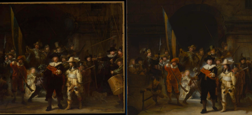 Rembrandt's "The Night Watch" original painting next to a small-scale reference by Gerrit Lundens