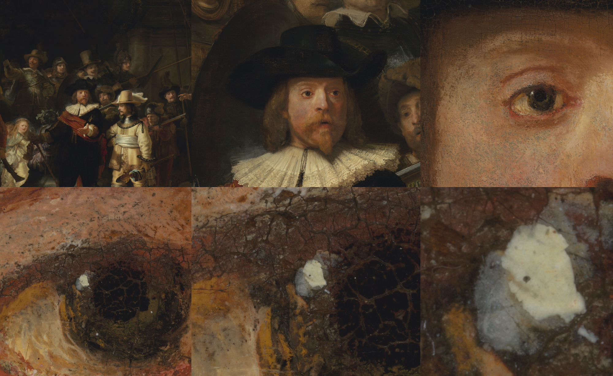 Rembrandt's oil painting "The Night Watch" restored and broken down into six high-res squares
