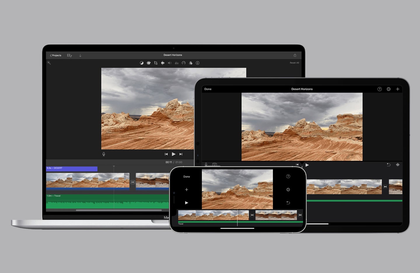 Several Apple devices displaying iMovie software in the process of editing a video